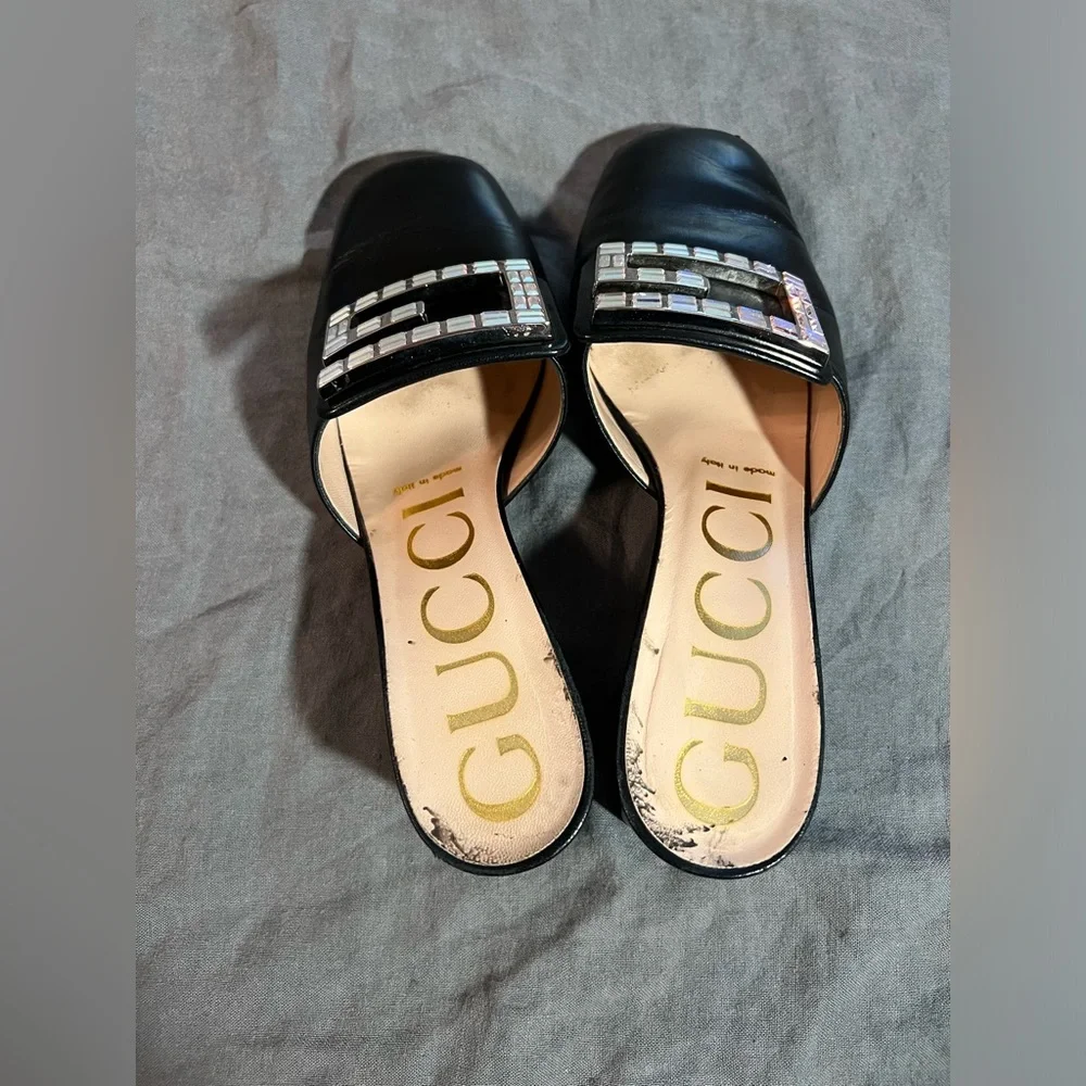 Gucci— Madelyn Malaga Crystal Square G Leather Mules 35 / 36 Block Heel - Picture 5 of 16